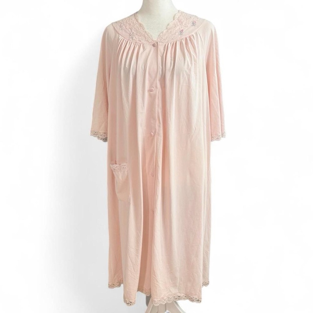 Vintage Shadowline Pink Button Front Nightgown Lace Trim S